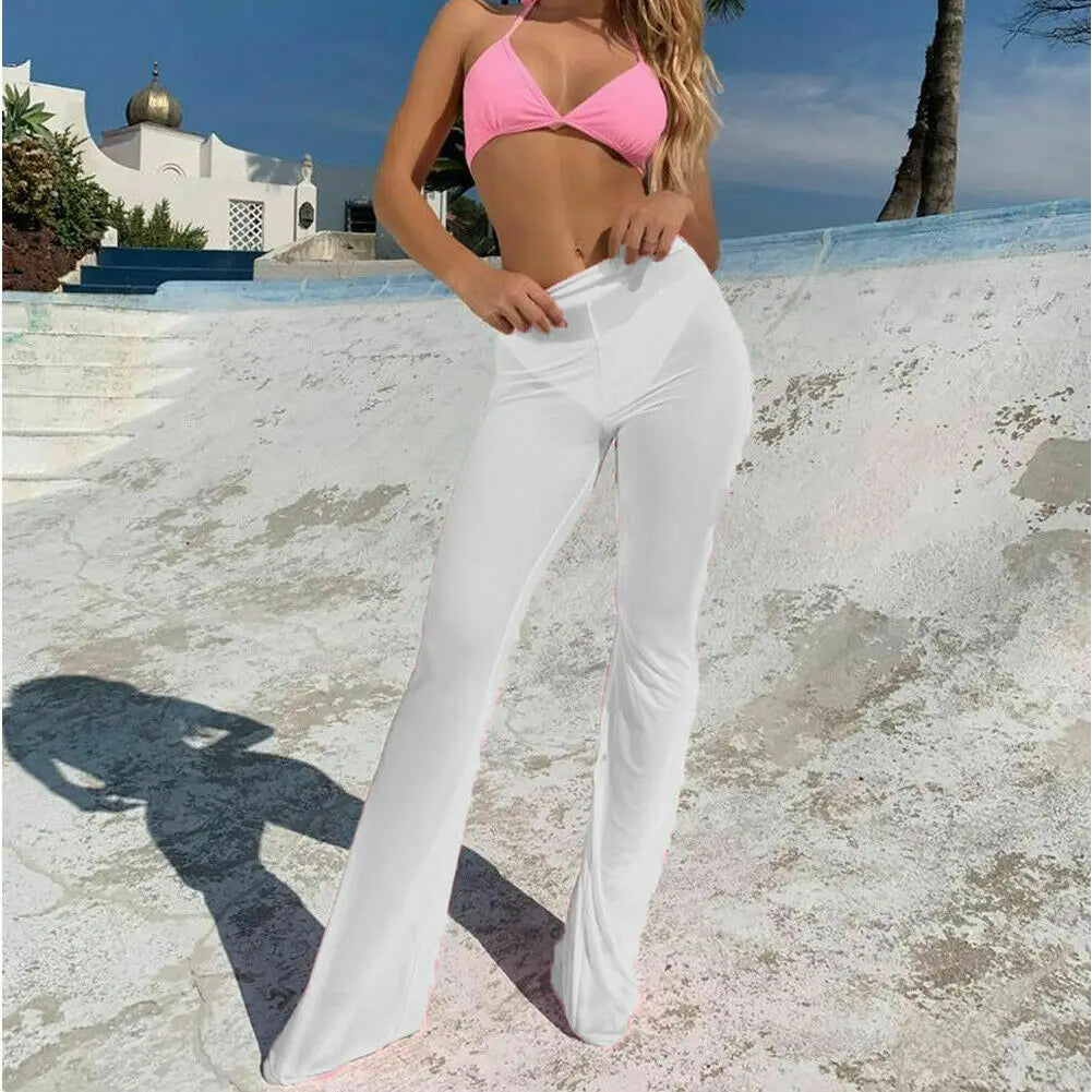 Mesh High Waist Elastic Sheer Wide Leg Pants Beach Cover Ups