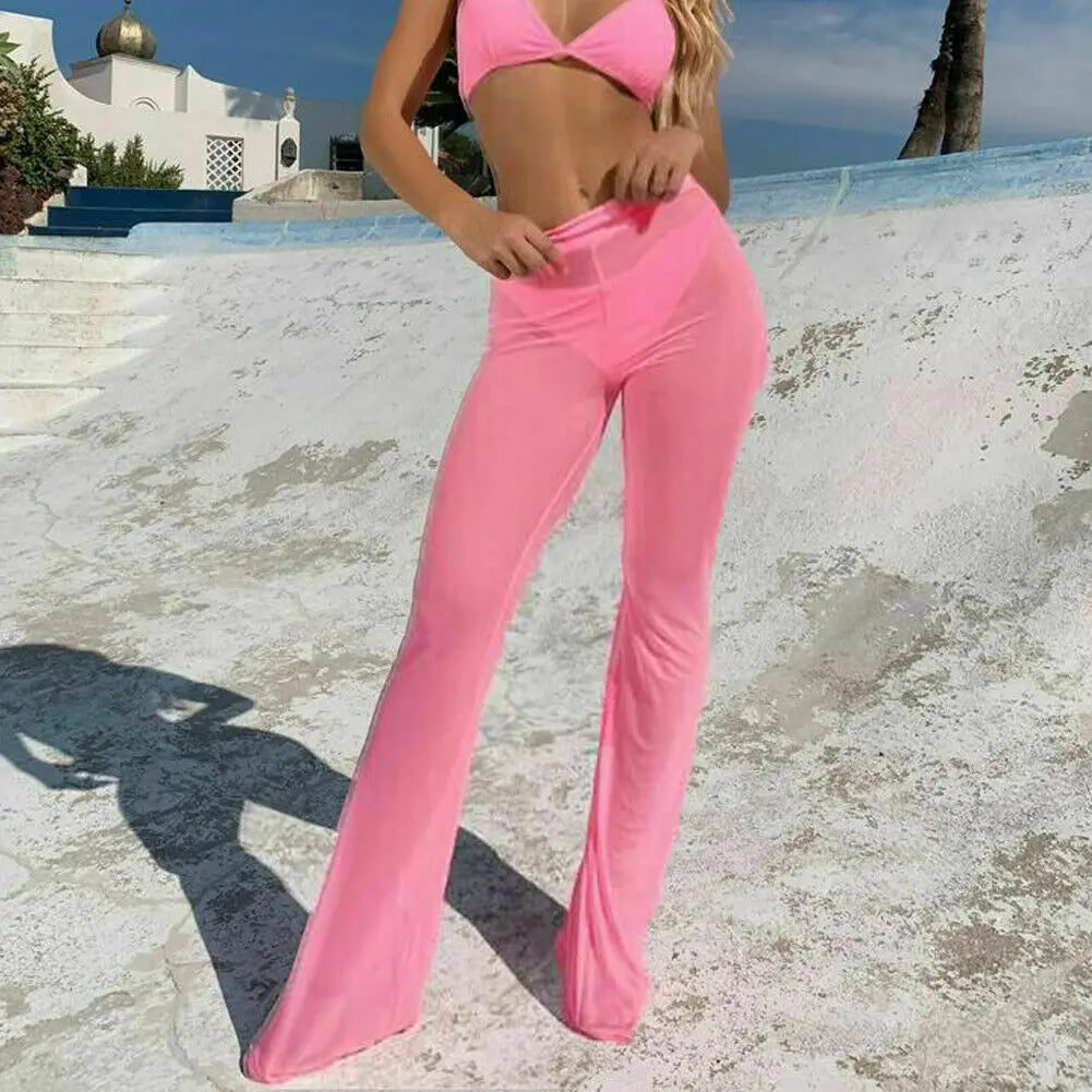 Mesh High Waist Elastic Sheer Wide Leg Pants Beach Cover Ups