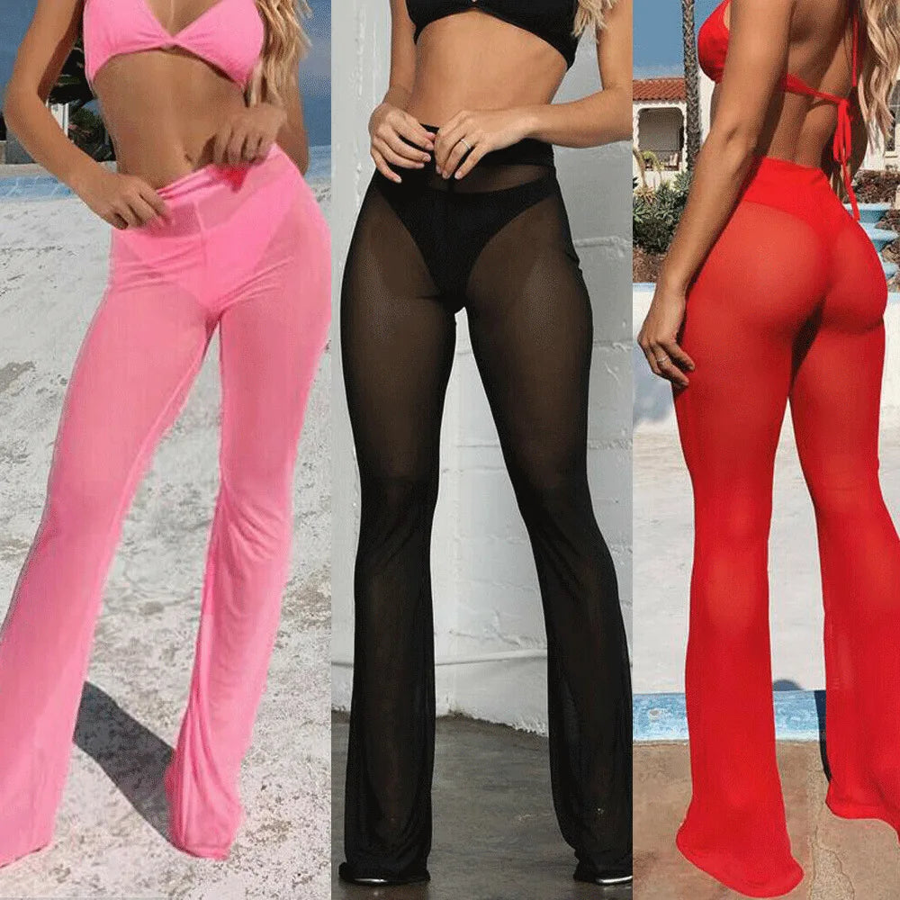 Mesh High Waist Elastic Sheer Wide Leg Pants Beach Cover Ups