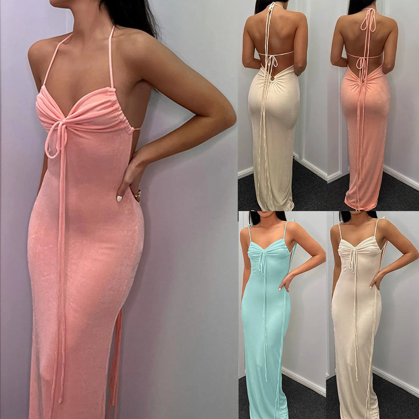 🔥Sexy Spaghetti Strap Ribbed Knot Cutout Side Split Maxi Dress 🔥