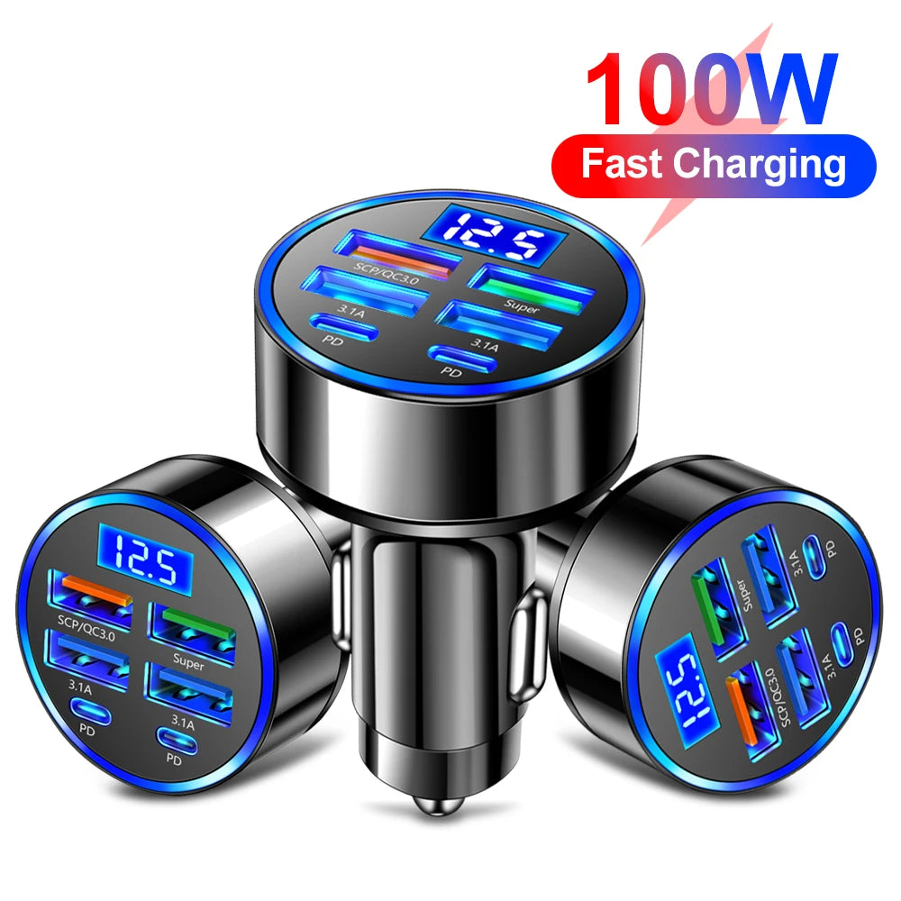 100W 6 Ports Car Charger Fast Charging PD QC3.0 USB C Car Phone Charger Adapter