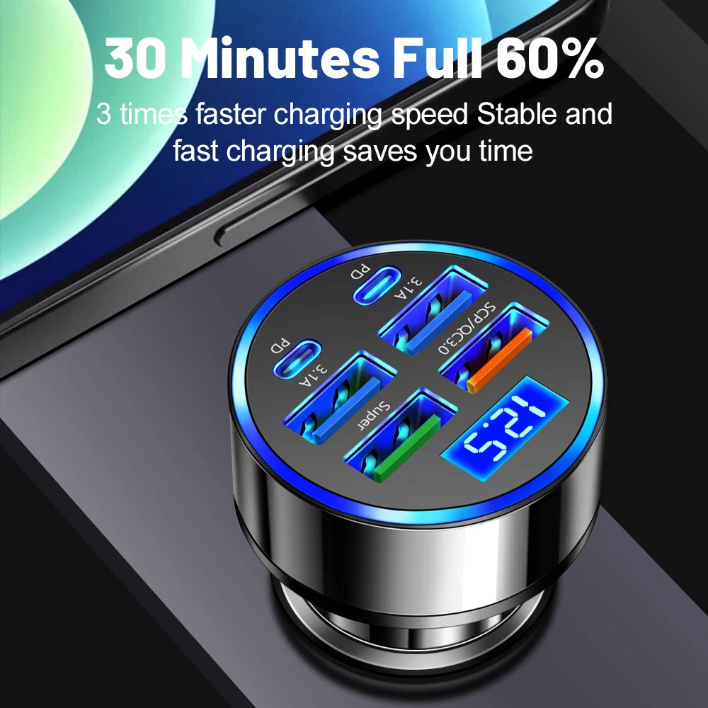 100W 6 Ports Car Charger Fast Charging PD QC3.0 USB C Car Phone Charger Adapter